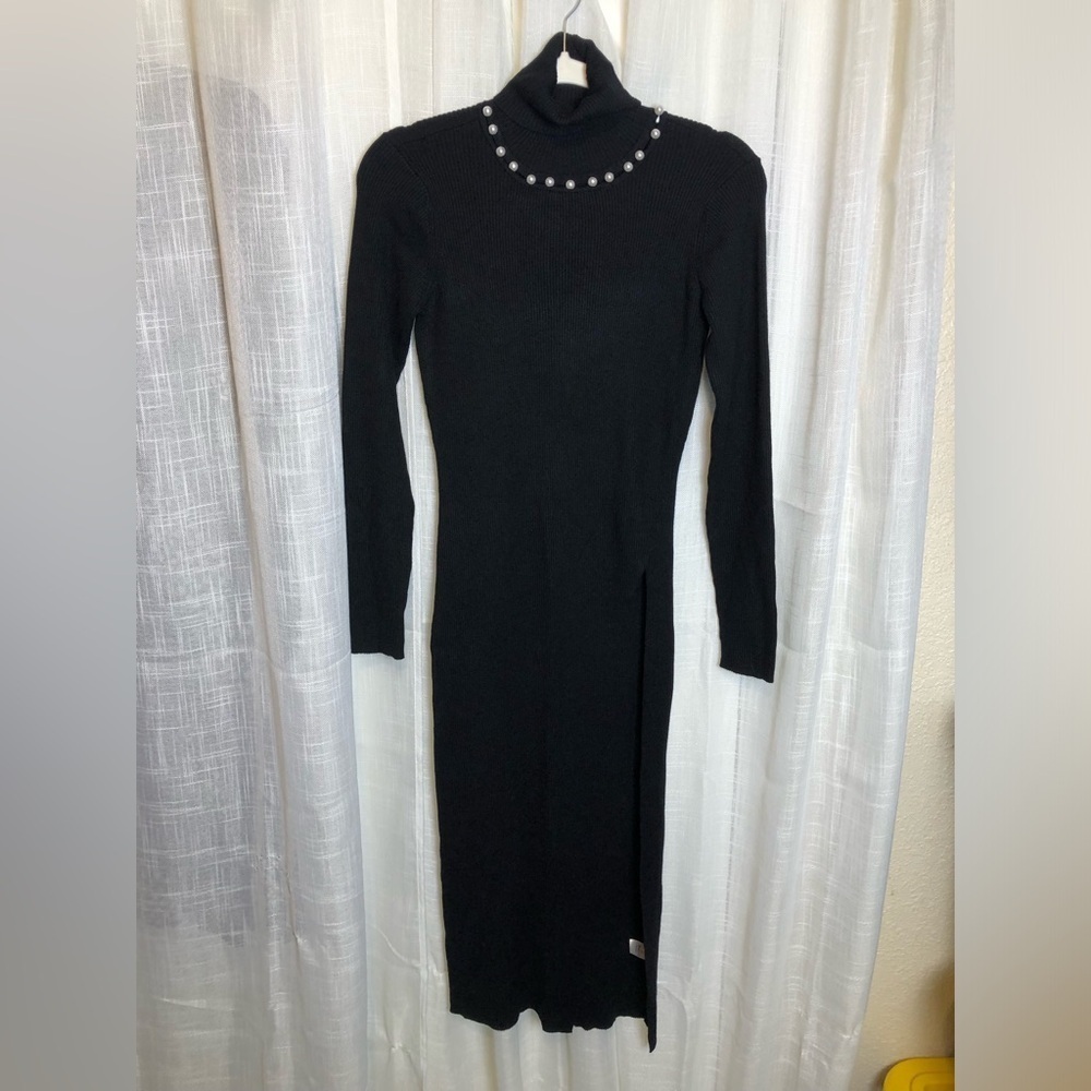 VENUS Black Turtleneck Dress with Pearl Accents SIZE SMALL NWOT